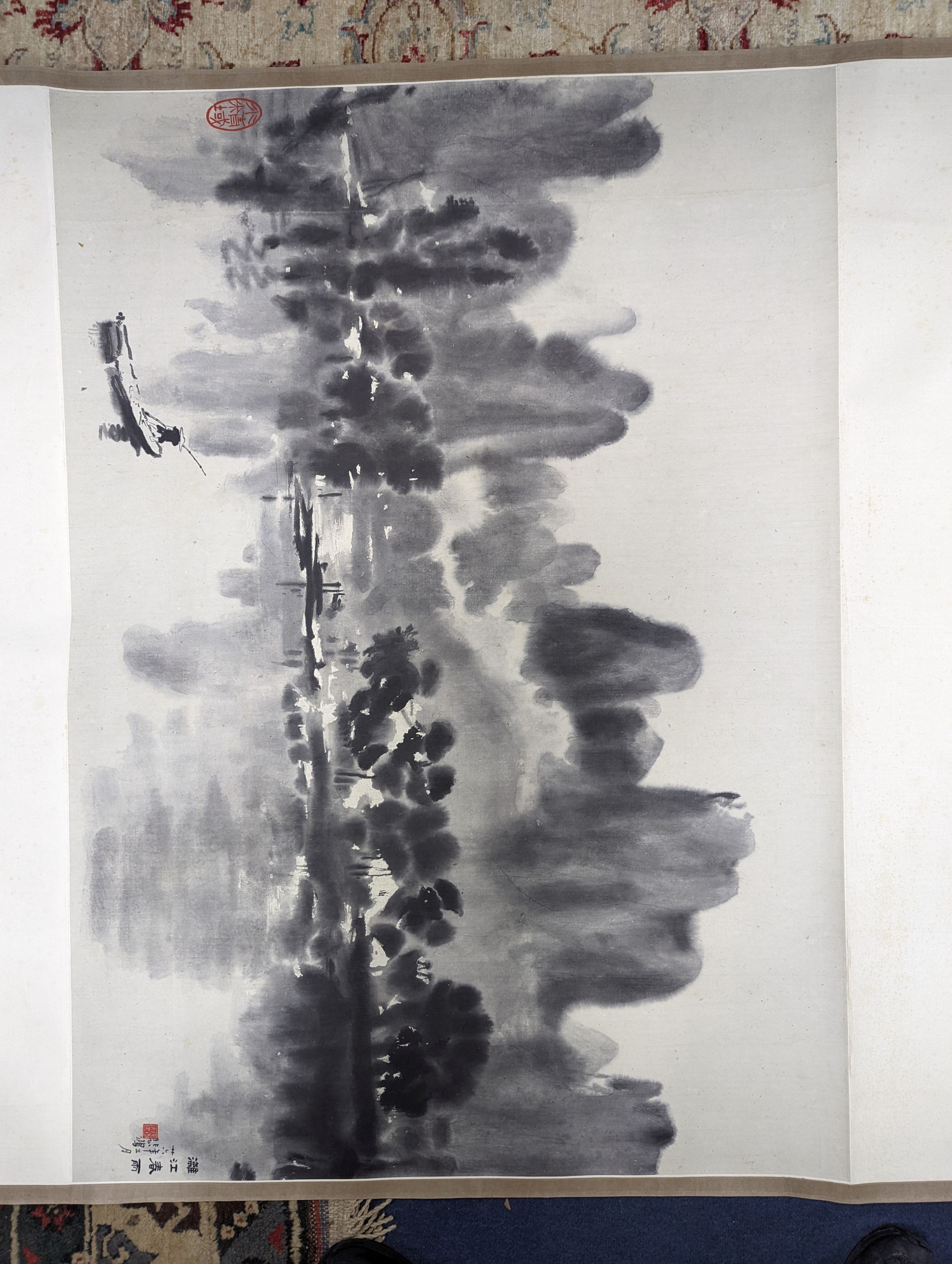 Two mid 20th century Japanese watercolour on paper scroll paintings, Boatman in a landscape, 79.5 x 113cm, and Cormorants on a bank, 103 x 106cm